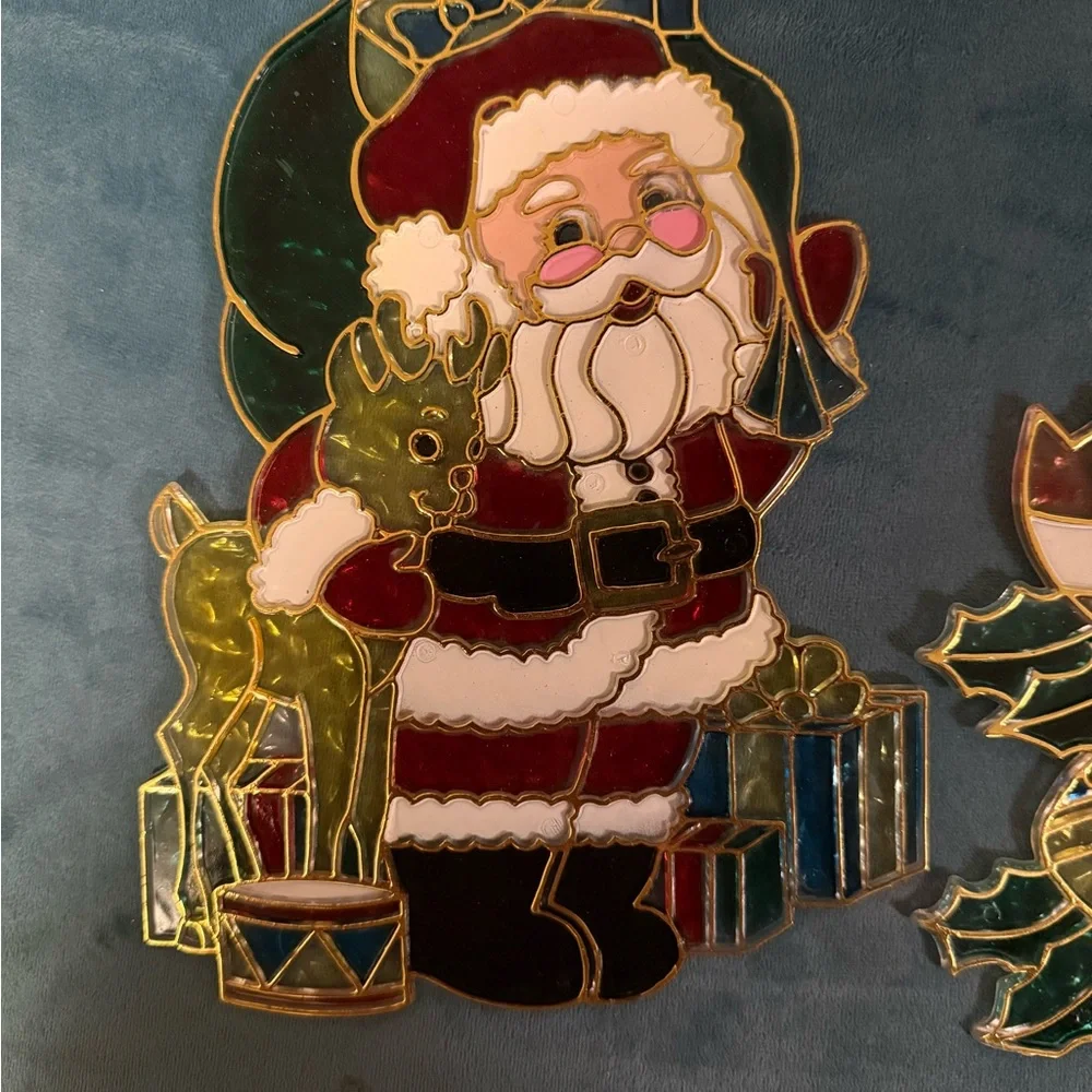 Stained Glass Christmas Window Hangings Santa and Garland with Bells Profile Vtg